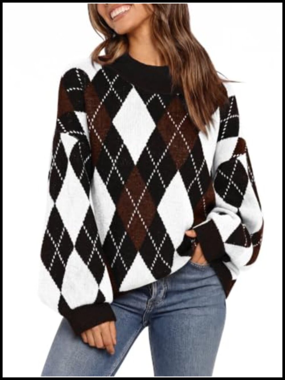 Women's Chunky Knit Argyle Pullover Sweater Lantern Sleeve Crewneck